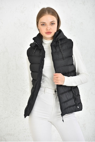 Wapp Unisex Çıkarılabilen Fermuarlı Kapüşonlu Günlük Şişme Yelek Siyah