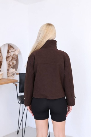 Moda Banuş Premıum Kalite Geniş Yaka Detay Işık Kadife Mont Kahverengi