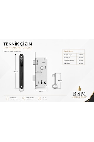 İç Oda Kapı Kilidi Mekanizması Mat Siyah Sessiz Dil 40 Mm