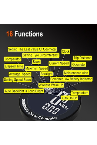 Aubyhe Bisiklet Hızı Ve Mesafe Ölçer, 16 Fonksiyonlu, Arka Işık Sürekli Açık, Spor Ve Günlük Kullanım İçin İngilizce Ekranlı Kompakt Sayaç Siyah