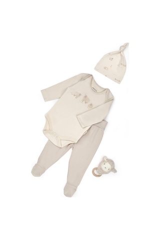 Bebek 3 Lü Takım Pantolon, Uzun Kol T-shirt, Şapka , Bebek Ve Yenidoğan Serisi - Csy8188 Ekru
