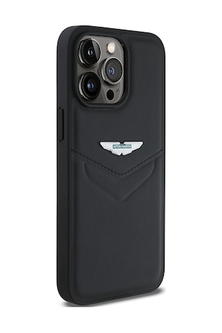 Apple Uyumlu iPhone 15 Pro Max Kılıf Aston Martin Lisanslı Victory Dizayn Deri Metal Logolu Kapak Siyah