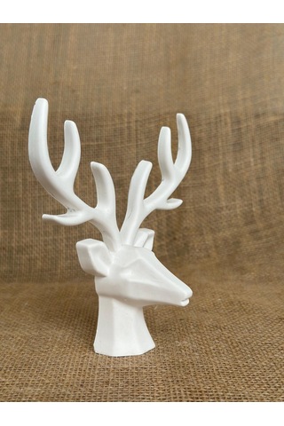 Geyik Heykeli, Büst, Beyaz Renkli El Yapımı Dekoratif Obje, Ev Dekoru