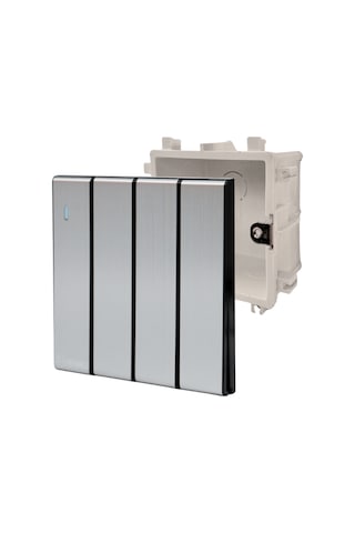 MERALLI INOX 4'lü vavien anahtar, hakiki fırçalanmış paslanmaz çelik, çerçevesiz 86×86 Modüler kasa dahil