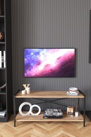 Dekoratif TV Ünitesi Ahşap Metal Ayaklı Raflı Televizyon Sehpası