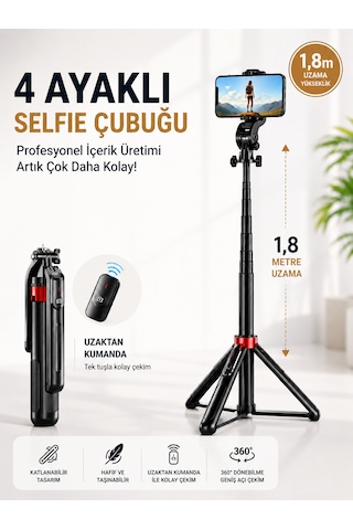 180 Cm Bluetooth Selfie Çubuğu Tripod Uzaktan Kumandalı Alüminyum Karbon 4 Ayaklı Katlanabilir