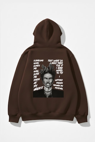 Uyguntarz Unisex Yumuşak Dokulu Frida Kahlo Viva La Vida Baskılı Tasarım Oversize 3 İplik Hoodie Sweatshirt Kahverengi