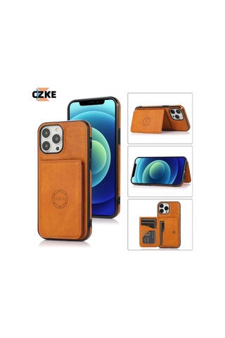 Iphone 12/12 Pro Uyumlu Kart Bölmeli Cüzdanlı Deri Kılıf Taba