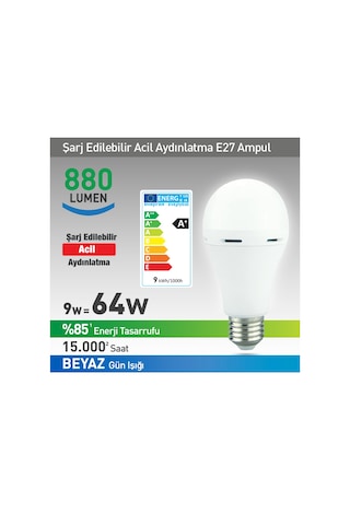 Nextled E27 9w Şarjlı Led Ampul Beyaz 880 Lumen