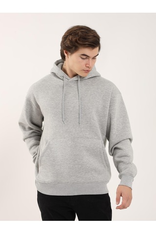 Dufy Erkek Oversize Düz Pamuklu Kapüşonlu Sweatshirt Gri Melanj - 103742 Gri