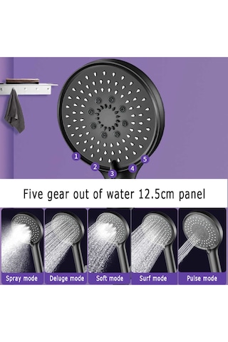 Ahlez Mat Siyah Yuvarlak 5 Fonksiyonlu Duş Başlığı El Duşu Siyah