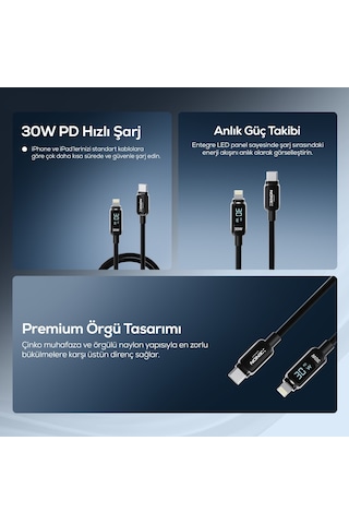 Type-c To Lightning Apple Uyumlu iPhone Şarj Kablosu 30w Pd Hızlı Şarj, 2m, Led, Örgü, 480mbps X6427