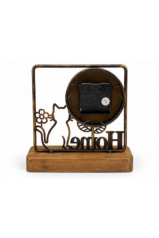 Kedi Desenli Home Temalı Ferforje Saat Dekoratif Masa Saati Eskitme Bakır Metal Ahşap Taban Vintage Nostaljik Kedi Figürlü Ev Ofis Salon Sehpa Konsol Kitaplık Dekorasyonu