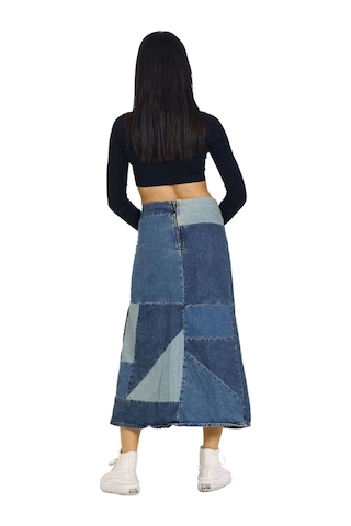 Vexor Mavi Patchwork Desenli Denim Kot Etek