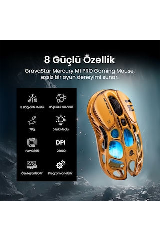 Gravastar Mercury M1 Pro 26.000 Dpı Optik Gaming Mouse, Kablosuz, Battle-worn Yellow