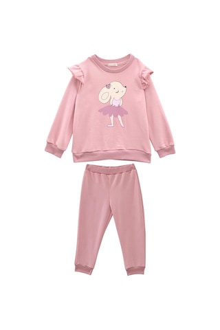 Kız Bebek Baskılı Kolları Fırfır Detaylı Eşofman Takımı - Pembe Pembe