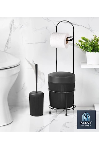 Kovalı Tuvalet Kağıtlığı, Çöp Kovalı Tuvalet Kağıdı Askısı Ve Tuvalet Fırça Seti Siyah