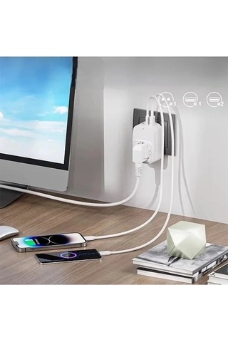 Tekli Yüksek Voltaj Korumalı Duvar Prizi 2x Type-c 1x Usb Çıkışlı Priz Grup Priz Çoğaltıcı Siyah 1