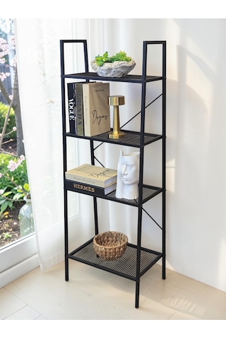 Dekoratif Siyah Metal Piramit Kitaplık 4 Raflı Çok Amaçlı Stand Salon Ve Çalışma Odası Düzenleyici