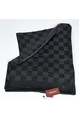 Kroren Krep Jakarlı Dama Desen Şal - 70 X 190 - 7379 Siyah