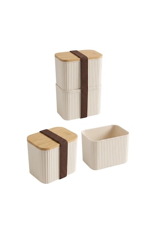 Makri Home Bambu Kapaklı 2 Katlı Saklama Kabı Seti - 2x1 Litre Krem