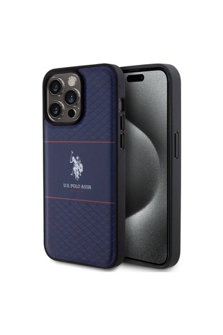 Apple Uyumlu iPhone 15 Pro Max Kılıf U.s. Polo Assn. Lisanslı Deri Şeritli Logo Dizayn Kapak Lacivert