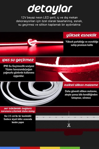 24v Dış Mekan M/60 2835 Kırmızı Led Şerit 5 Metre, Kesilebilir Ve Eklenebilir
