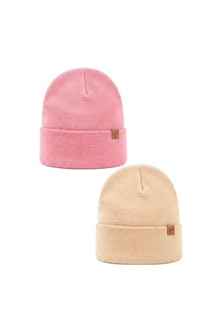 Sayzen Your Shine Unisex Basic Katlamalı 2'li Bere Set Pembe-krem