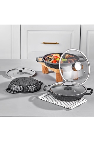 Taç Bella Cam Kapaklı 3 Lü Döküm Sahan Seti Siyah