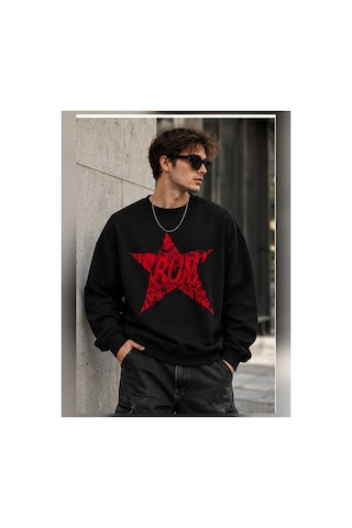 Velora Grup Unisex Yıldız Desenli Oversize Bisiklet Yaka Triko Şık Kazak Siyah - 938183299 Siyah