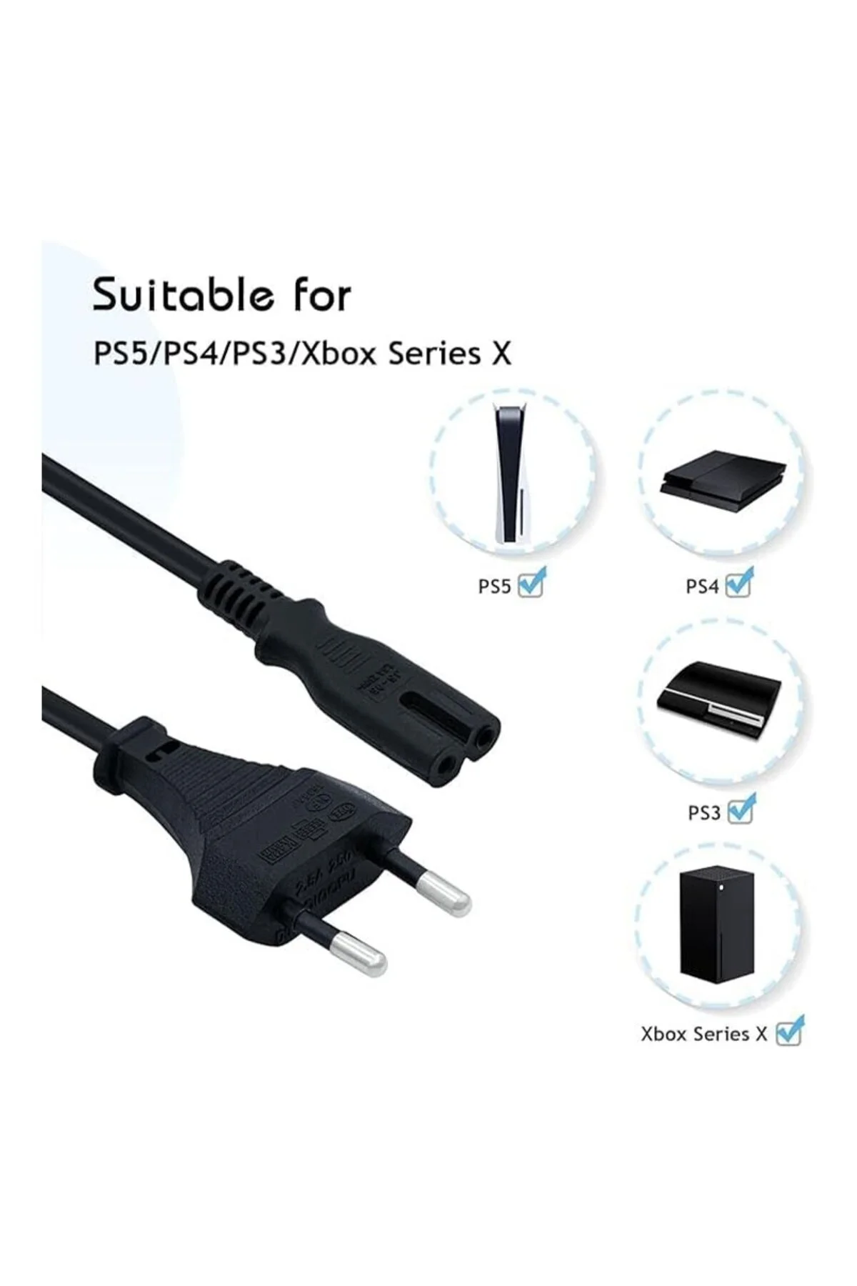 1.5 Metre 1.5mt Ps5/ Ps4/ Ps3 / Xbox Series S-x Uyumlu 2 Pinli Güç Kablosu Teyp Fişi, Radyo Fişi, Led Tv Elektrik Fişi 2pin Güç Kablosu 001