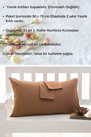 Kahve Renkli Pamuklu Ranforce Kumaştan Yastık Kılıfı 2 Adet