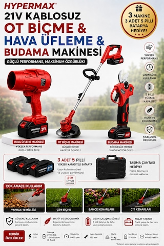 3 Lü Şarjlı Bahçe Seti Çim Biçme Makinesi Dal Budama Makası Ve Hava Yaprak Üfleyici 3 Bataryalı