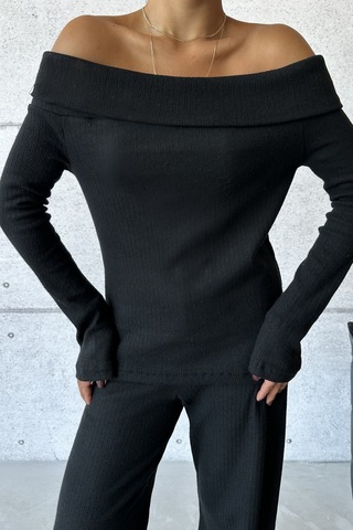 Modagen Selanik Kumaş Madonna Yaka Alt Üst Pantolonlu Takım Siyah