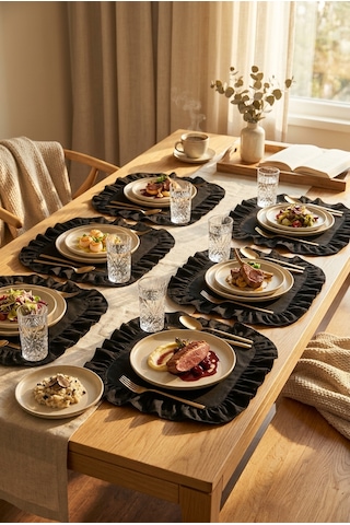 Pamuklu Fırfırlı Kare Supla 6'lı Set Amerikan Servis 33 Cm Supla Siyah
