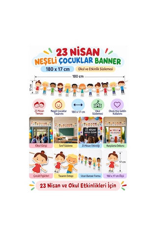 23 Nisan Neşeli Çocuklar Dekoratif Banner Okul Süsü 180x17 Cm Hoş Geldiniz Etkinlik Dekoru Diğer