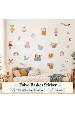 Sevimli Hayvanlar Çocuk Ve Bebek Odası Duvar Sticker Seti Kokusuz, Silinebilir Folyo Baskes Etiket Çok Renkli