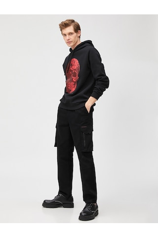 Koton Kapşonlu Sweatshirt Kuru Kafa Baskılı Uzun Kollu Siyah 3sam70133mk Siyah