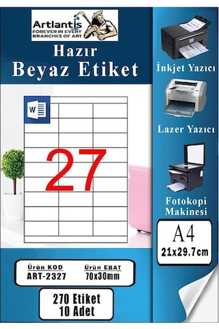 A4 Hazır Etiket 70x30 Mm 10 Sayfa 1 Paket 27 Li Kendinden Yapışkanlı Fotokopi Lazer İnkjet Kağıdı Yazıcılar İçin Uyumlu