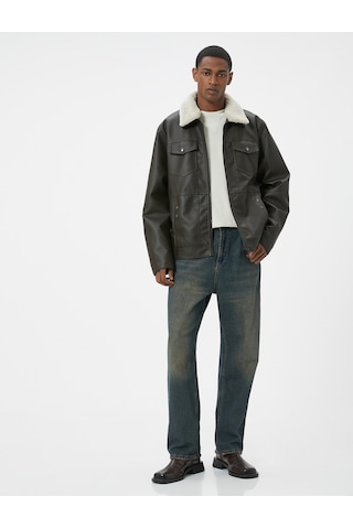 Koton Suni Deri Ceket Yakası Kürklü Cepli Fermuarlı Astarlı Slim Fit Kahverengi 5wam20085hw Kahverengi