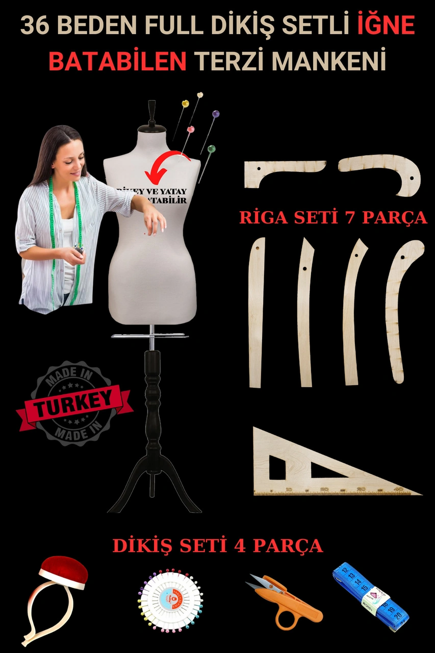 36 Beden Full İğne Batabilen Dikiş Setli Ve Riga Setli Terzi Mankeni Siyah Takım