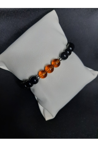 Doğal Görünümlü Siyah Cam & Amber Boncuklu El Yapımı Bileklik - Unisex Siyah - Kahverengi