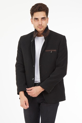 Sposo 1727 Hakim Yaka Düğmeli Yün Kaşe Siyah Erkek Kaban