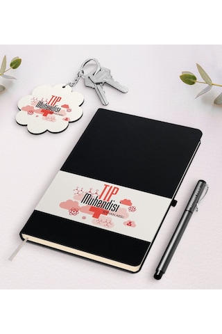 Kişiye Özel Tıp Mühendisi Siyah Defter Kalem Ve Anahtarlık