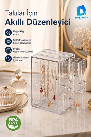 Çekmeceli Mücevher Kutusu Şeffaf Takı Kolye Küpe Aksesuar Makyaj Organizer