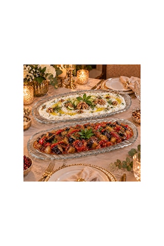 2 Li En Büyük Boy Cam Kayık Tabak 39,5 Cm Premium Servis Sunum Tabağı Uzun Oval Meyve Meze Tatlı Kahvaltı Tabağı Şeffaf