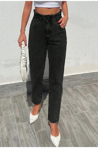 Kene Jeans Yüksek Bel Siyah Çift Düğme Kemer Büzgülü Mom Jeans Siyah