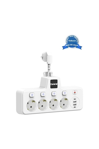 Termal Akım Korumalı 4 Lü Duvar Tipi Priz 2x Usb 2x Type-c Çıkışlı Grup Priz Çoğaltıcı Beyaz 2500w 0-2