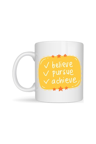 Northcity Believe Pursue Achieve Yazılı Porselen Kupa Model 124 Motive Edici Tasarım, İlham Veren Kahve & Çay Kupası, Özel Hediye Sarı