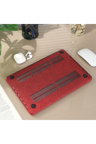 Apple Uyumlu MacBook Air 13 Kılıf Simli Parlak Vinil Sert Hard Case Tpu Taban İnce Hafif A2337 A2179 A1932 Bordo